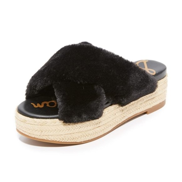 Sam Edelman ZIA Faux Fur Espadrille Wedge 8.5 Black - Picture 1 of 5